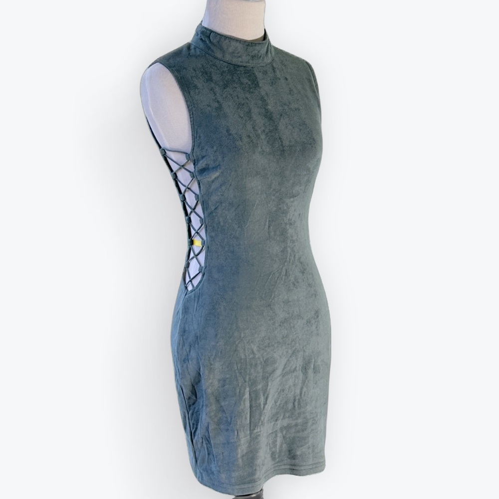 Sueded Teal Dress Corset-Laced Sides High Neck Fairy Whimsy Goth Medieval ~ M